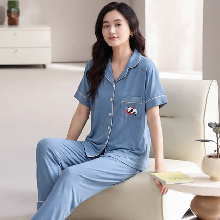 大码新款莫代尔棉长裤睡衣女夏季中老年妈妈薄款空调房套装家居服