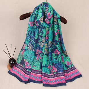 海边度假风植物花朵超漂亮美国lilly pu蓝绿荧光色印花围巾外贸单