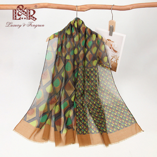 欧美春秋薄款几何图形黑绿黄多色柔软亲肤巴厘纱印花休闲围巾披肩