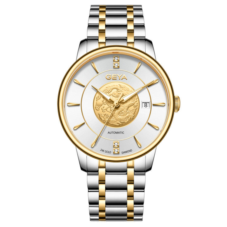 新款正品geya格雅手表 机械女表24k金币真钻防水男表日历情侣9025
