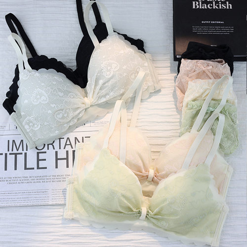 薄款美背内衣无钢圈性感聚拢内衣套装蝴蝶结蕾丝花面少女文胸套装