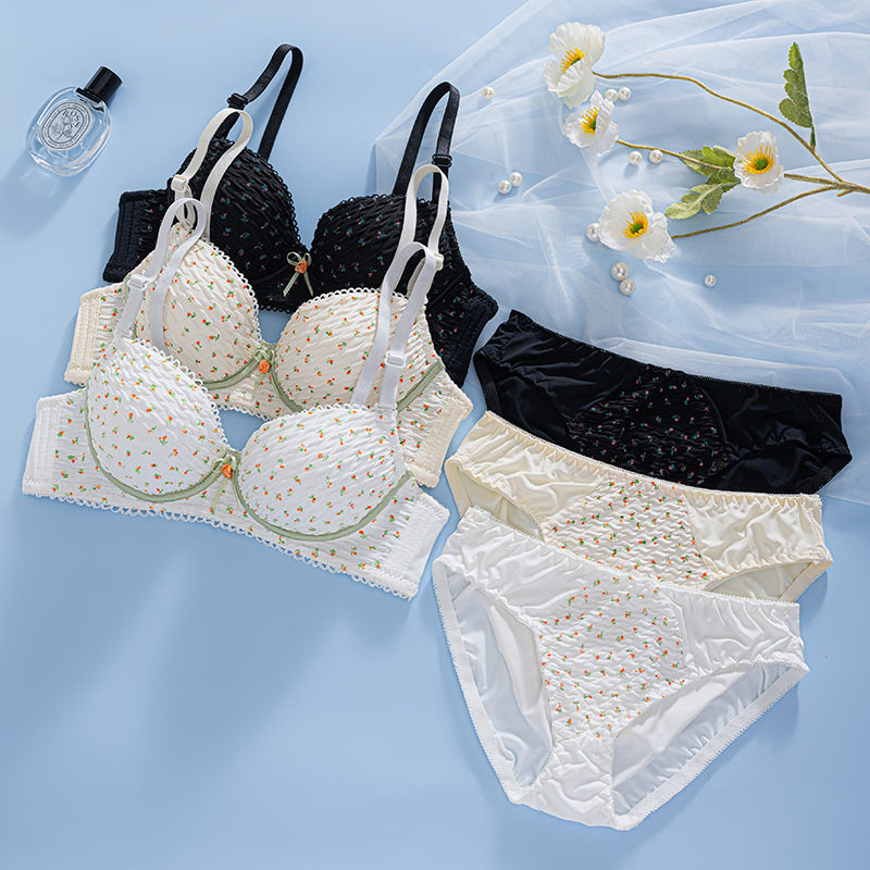 小胸聚拢上托提拉内衣套装性感美背文胸无钢圈印花花面文胸套装