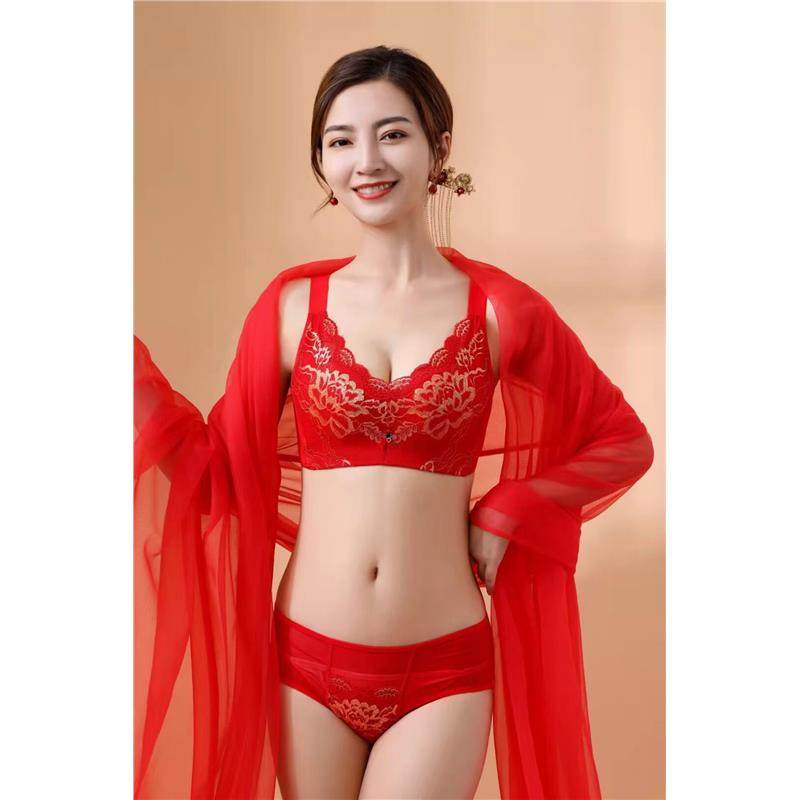 大红文胸新款女士无钢圈红色本命年内衣女套装调整型聚拢上托胸罩