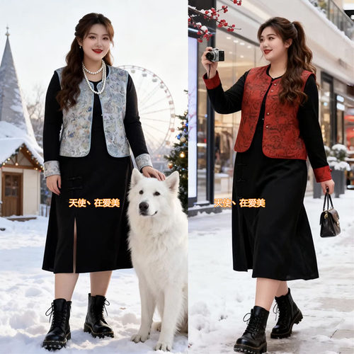 大码女装春秋新式国风马甲复古气质时尚圆领长袖连衣裙两件套装潮