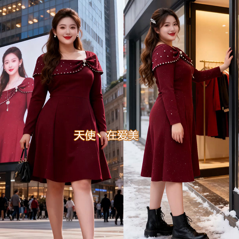 时尚胖妹妹mm方领大码女装优雅气质收腰显瘦亮闪闪钉珠设计连衣裙图片