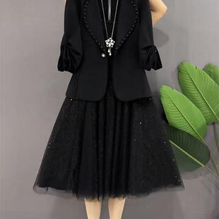 大码翻领钉珠西服外套网纱裙女胖MM2025春秋新款时尚显瘦两件套装