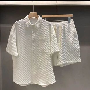气质纯色简优港风宽松型大码 夏季 新款 五分袖 潮流休闲套装 韩版 男士