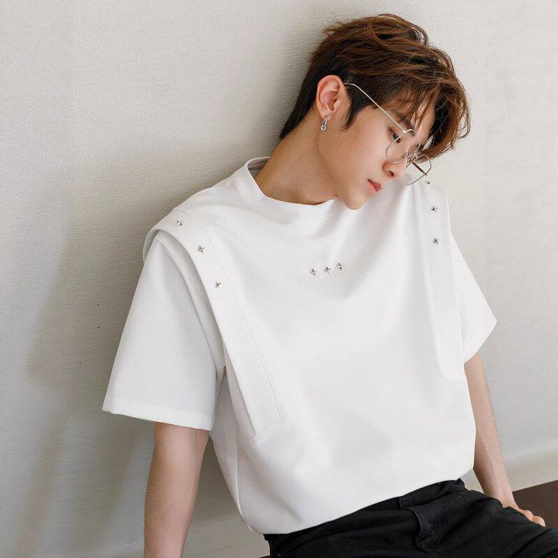 高级感痞帅夏季小短袖假两件金属设计感小众领口T恤男女铆钉上衣