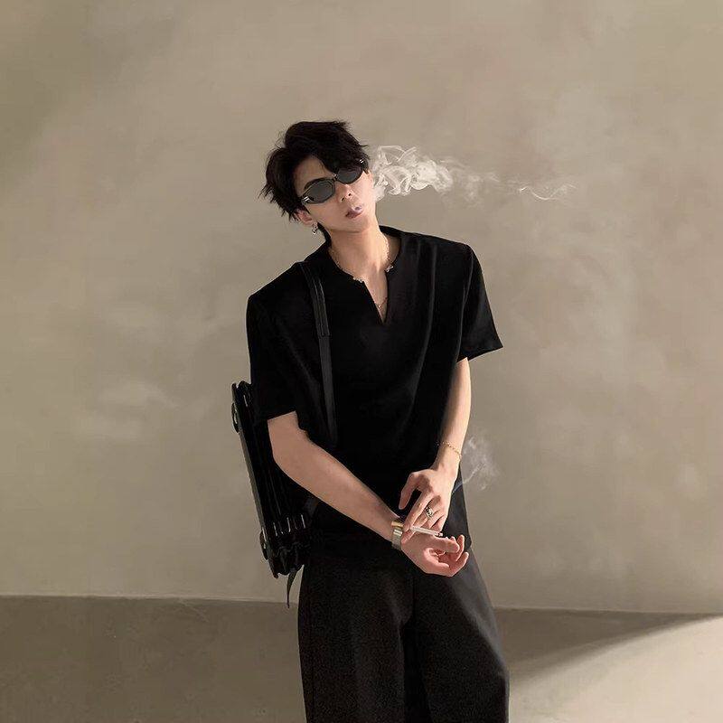 休闲t恤美式男款半截高质量学院风袖夏季高街V领潮牌短袖正肩垫肩