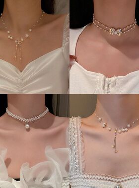 链网红韩国气质项链镶钻女设计感锁骨蝴蝶结花朵复古颈链珍珠流苏