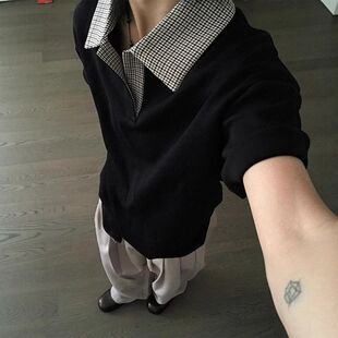 拼接高街le美式翻领pcanfit衫olo正肩男款半袖千鸟格短袖夏季t恤