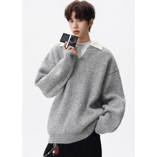 休闲美式领撞色毛衣假两件针织衫新款风冬季宽松潮牌Polo男生慵懒