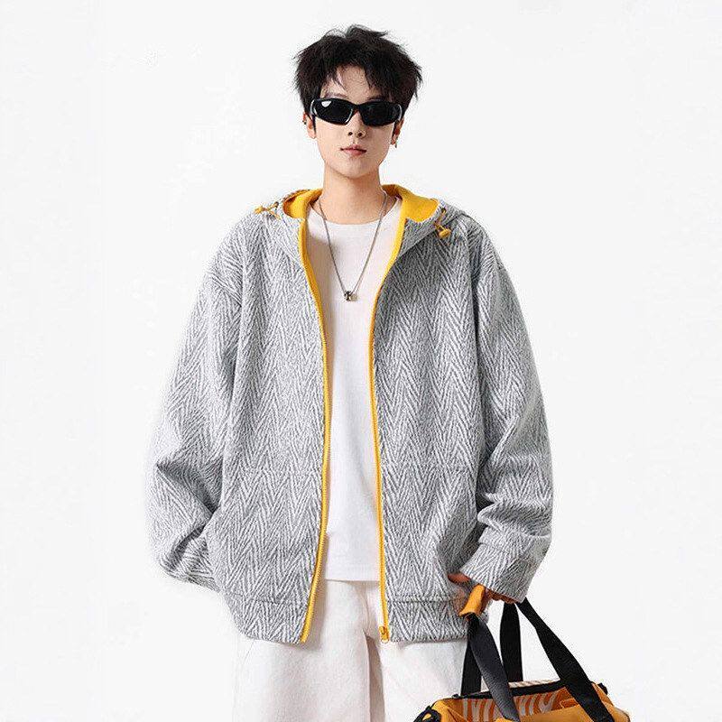纹外套美式小秋季香风男款开衫连帽拉链运动撞色拼接人字卫衣重磅