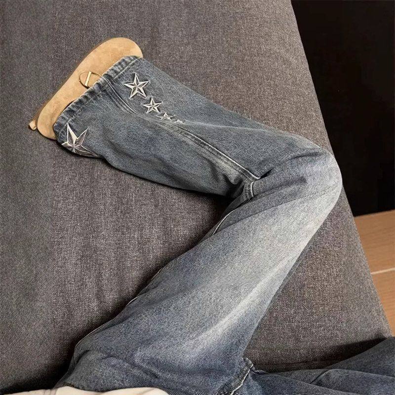 显瘦高街直筒牛仔裤男款春秋季五角星美式绣针刺裤子星万微喇裤