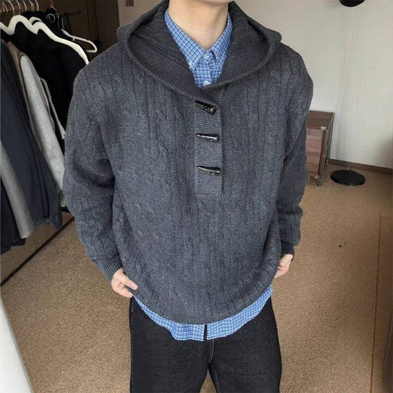 毛衣le深灰色c冬季慵懒风针织衫anfit外套宽松牛角扣连帽男款套头