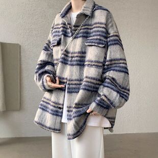 衬衫外套秋冬飞行小式痞帅条纹男美式毛呢格子加厚香风男夹克工装