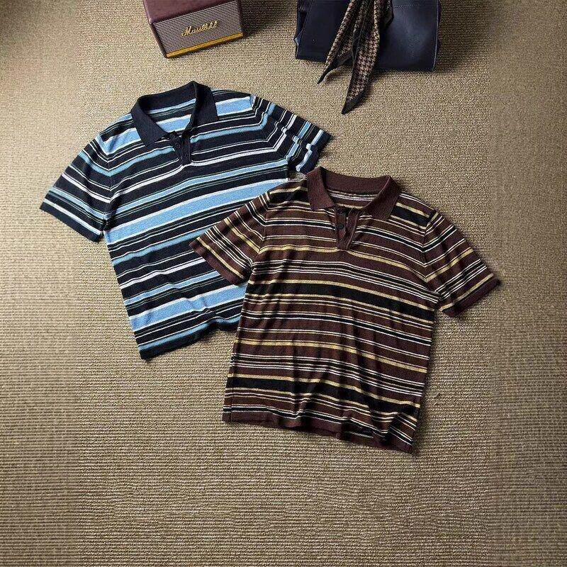 olo潮流休闲夏季风翻领轻熟韩版套头短袖针织衫ins衫T恤条纹P男士