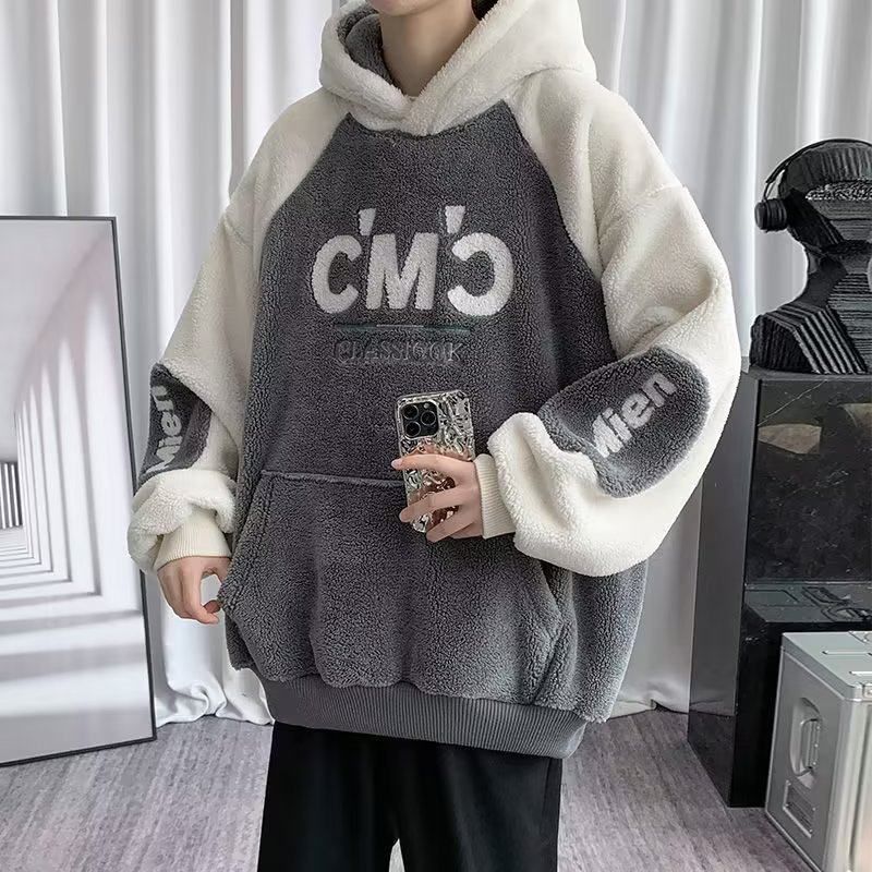 连帽卫衣男秋冬季羊羔绒外套宽松大码拼接撞色套头刺绣款潮流帅气