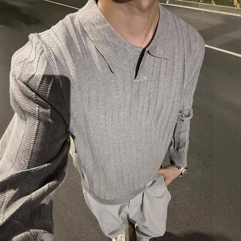 男毛衣上衣条纹针织衫灰色浅海鸥冬季领美式感复古长袖风老钱肌理,男装,针织衫/毛衣,淘宝优惠券,粉丝福利购,淘宝优惠卷