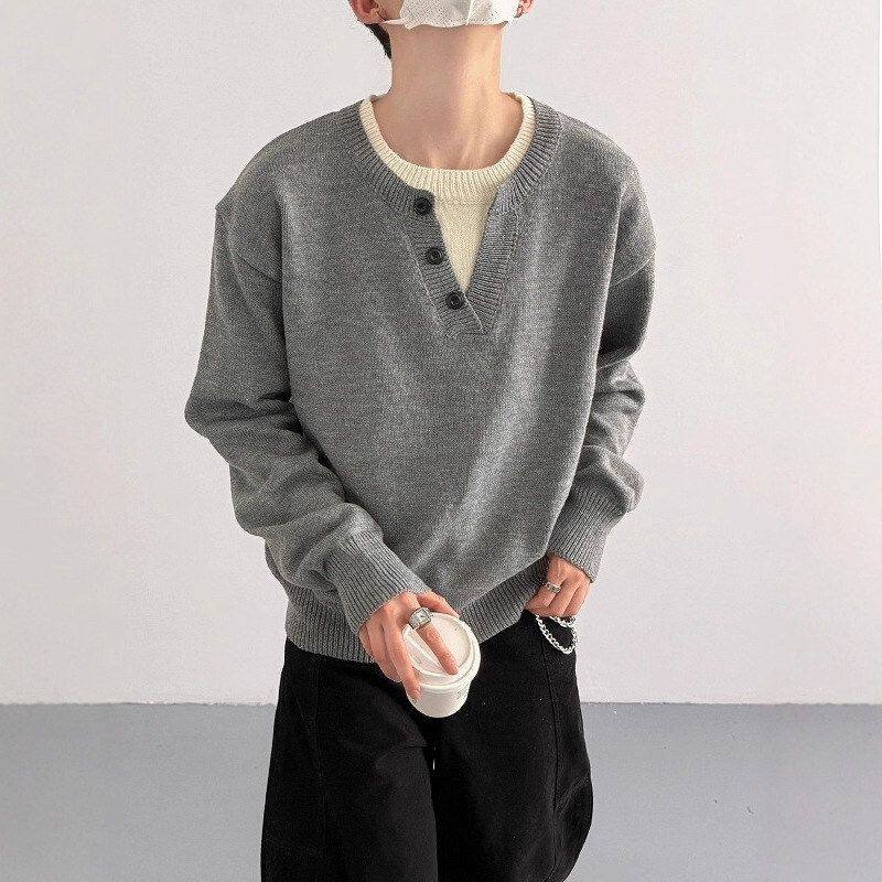 百搭宽松男灰色男针织衫假两件亨利领风毛衣秋冬新款老钱韩版休闲