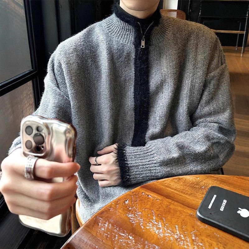 高级感男宽松开衫毛衣外套针织立领打底衫秋冬风撞色慵懒保暖老钱