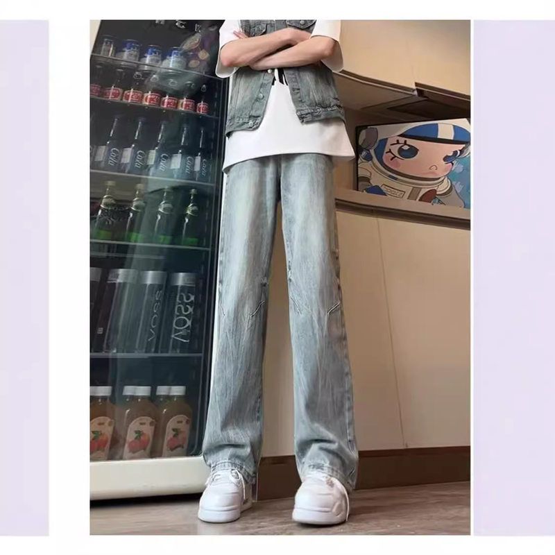 美式复古闪电纹牛仔裤男秋冬季水洗潮牌oversize小众设计直筒裤子