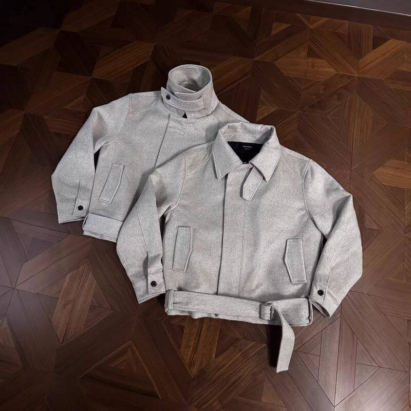 解构外套绑带加厚羊毛男女夹克痞帅花纱正肩上衣春秋翻领保暖毛呢