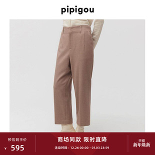 皮皮狗秋冬后腰松紧立体剪裁人字纹直筒裤 咖色