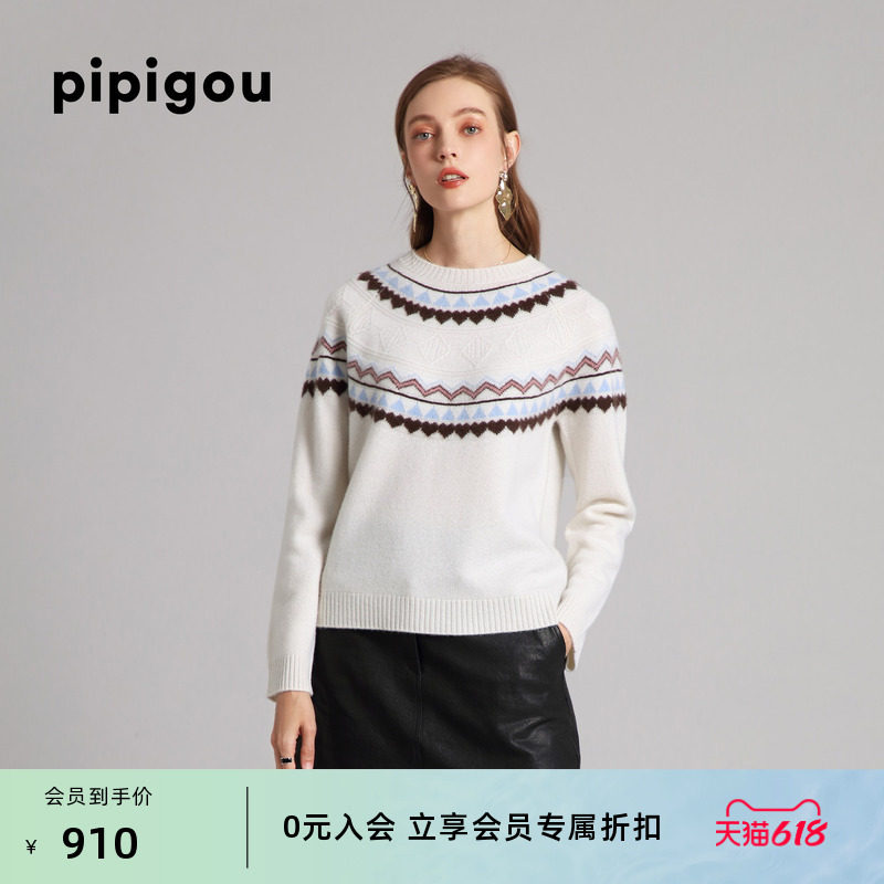 皮皮狗秋冬新款圆领费尔岛提花纯羊绒衫女复古针织套头毛衣