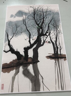 吴冠中春柳复古书画抽象水彩国画真迹艺术微喷仿古装裱挂轴装饰画