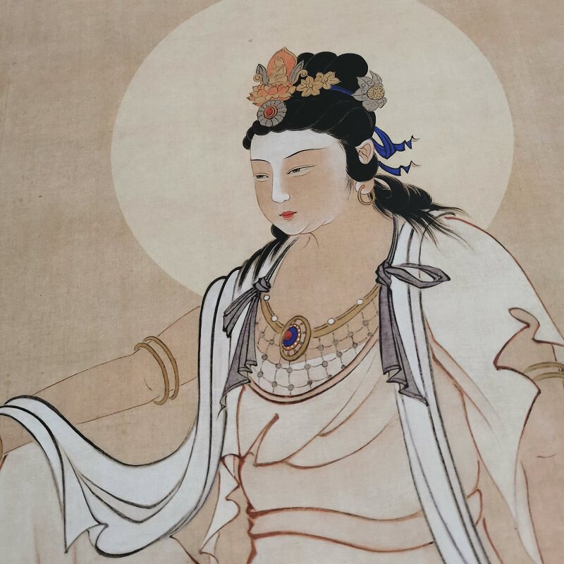 张大千观音座像中式书画人物国画真迹微喷仿古复制临摹挂轴装饰画