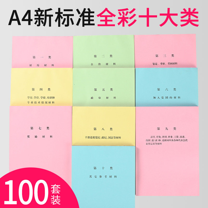100套装干部人事档案分类纸 多字版彩色隔页纸 十大类 人事档案