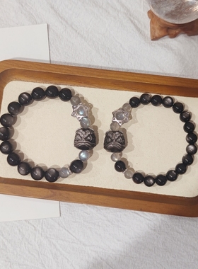 简约时尚国潮醒狮银曜石手串