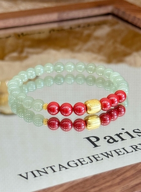 新中式国风和田玉朱砂手串