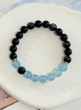 黑曜石海蓝宝手链补水防水逆招财