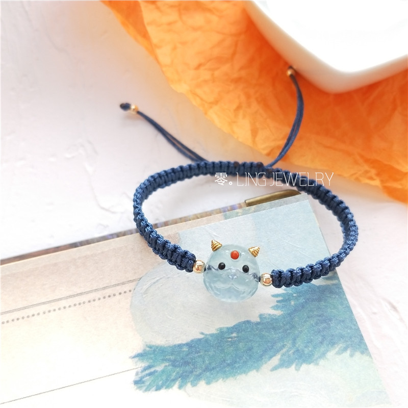 可爱超萌海蓝宝小怪兽猫咪编绳手链少女天然水晶甜美新款森系手绳