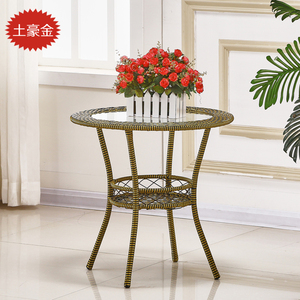 阳台小茶几客厅家用圆形钢化玻璃藤编迷你圆桌子双层移动储物边几