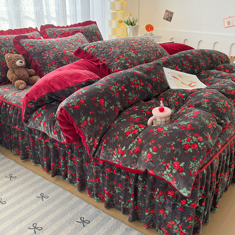 2025新款公主风牛奶绒四件套冬季保暖加绒加厚床盖床裙式床上用品