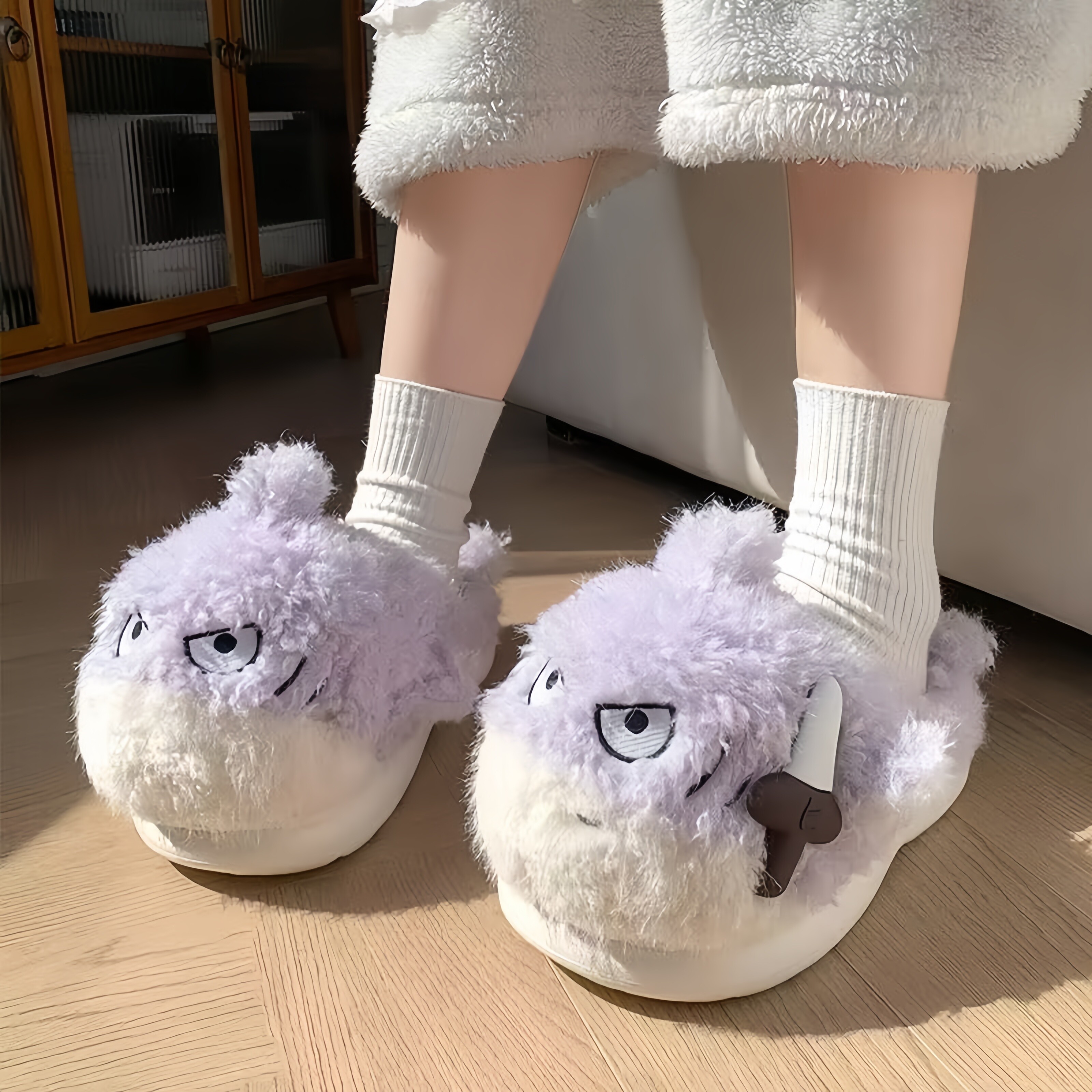 拖鞋女可爱鲨鱼毛绒棉拖鞋女款居居家棉拖/棉鞋