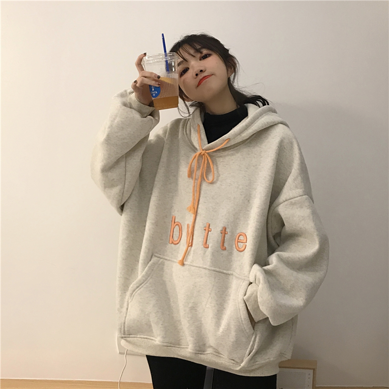 ! Real shot real price ~ Korean loose color contrast drawstring letter embroidery casual Plush sweater