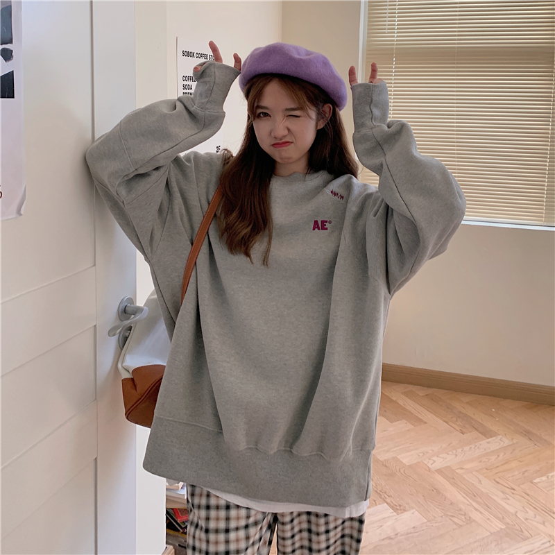 Real price - Korean version relaxed casual Plush plus thick letter embroidery medium length round neck