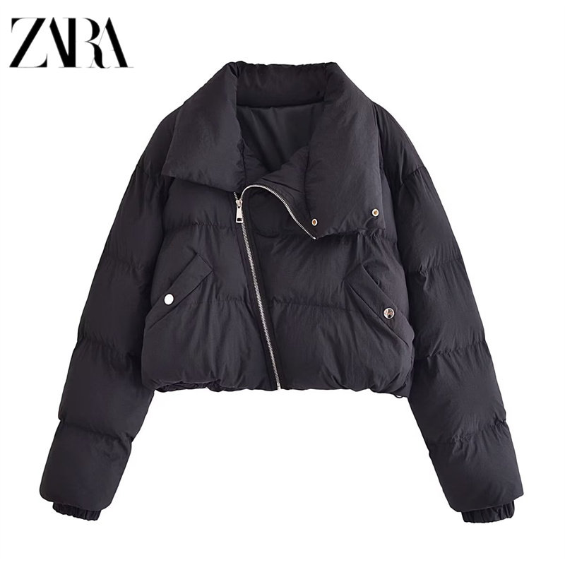 traf商城 新款暗扣领不对称拉链款棉服斜门襟绗缝面包羽绒棉外套