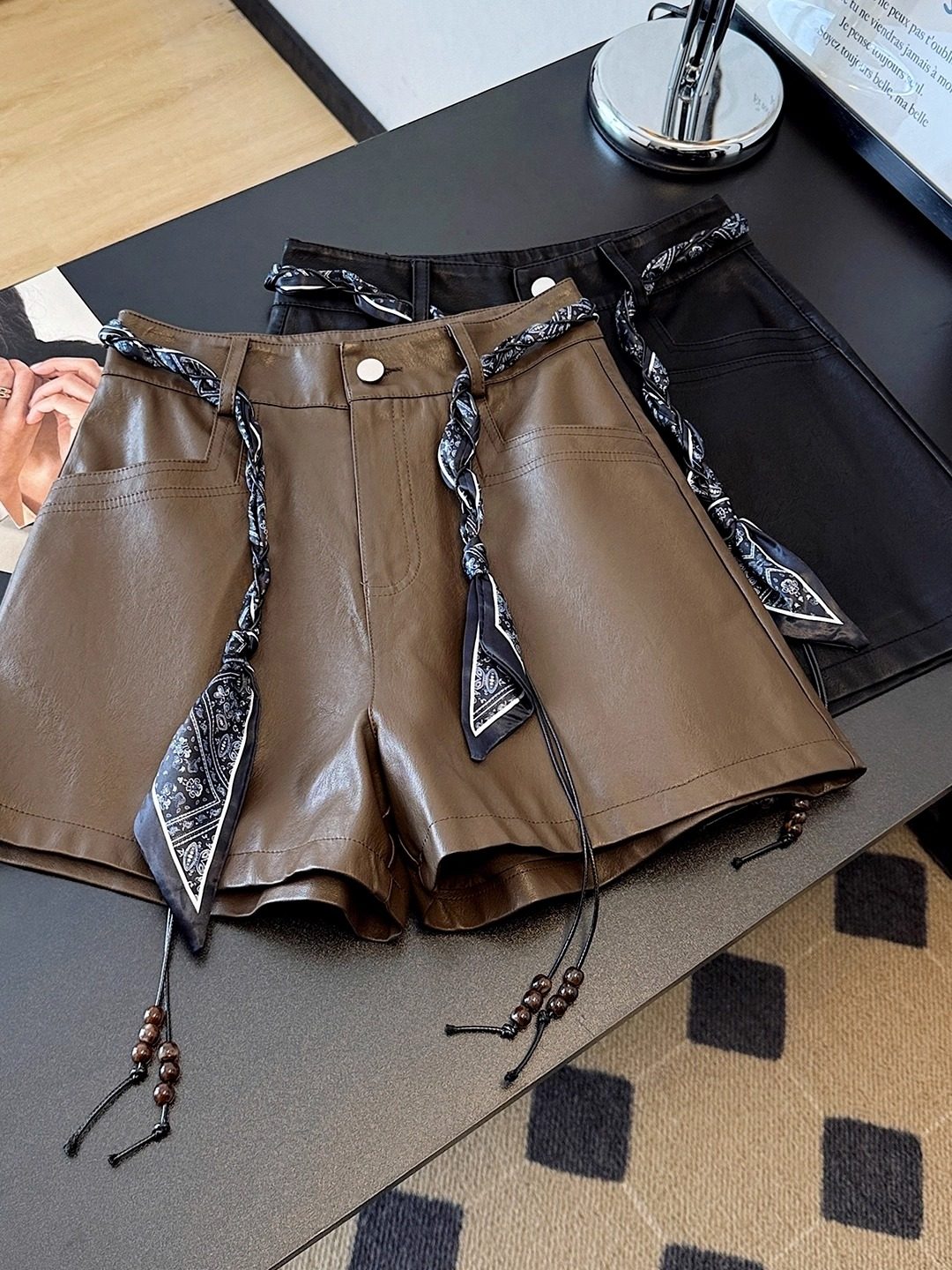 Curry PU Leather Wide-leg shorts Women's Winter 2025 New arrival high waist Slim Looking Maillard a-line Base Outwear Boots