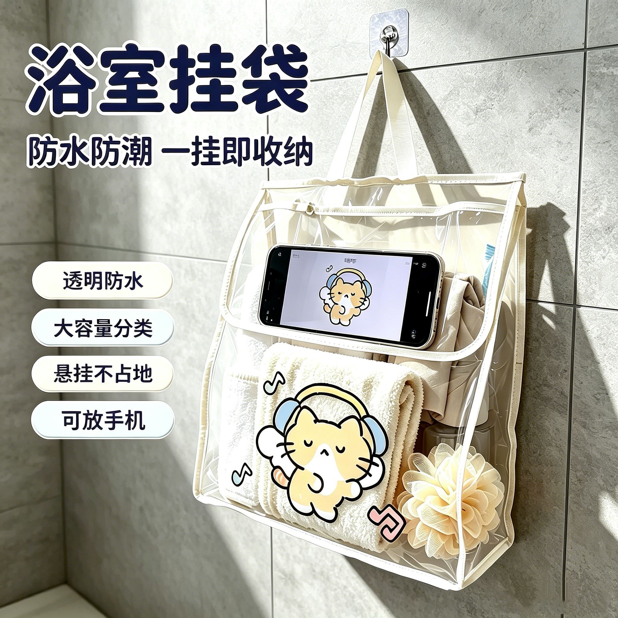 宽容透明防水可放手机浴室挂袋图片