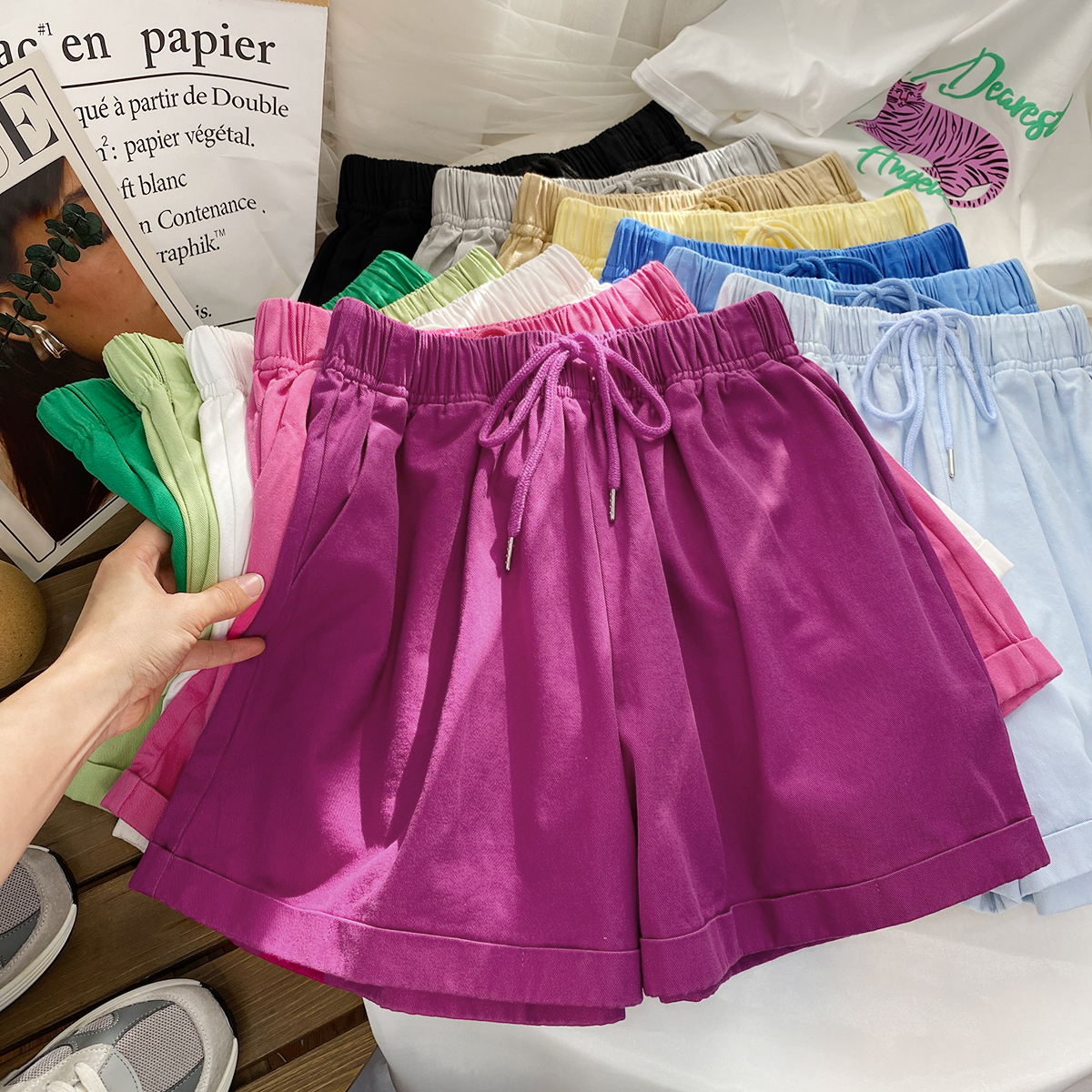高腰抽绳卷边阔腿短裤女夏季外穿