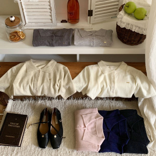 糯叽叽治愈感简约纯色翻领短袖 女秋宽松复古小标polo领上衣 针织衫