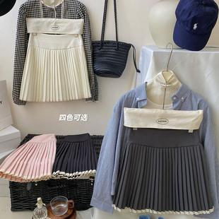 甜美复古温柔蕾丝拼接百褶裙女春高腰俏皮少女短裙百搭A字半身裙