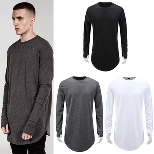 欧美嘻哈加长款纯色长袖T恤 袖口破洞连手套拇指扣春秋宽打底衫