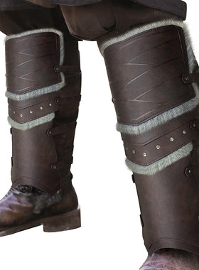 中世纪皮腿甲护胫复古皮革cosplay护腿道具北欧维京风毛边腿甲