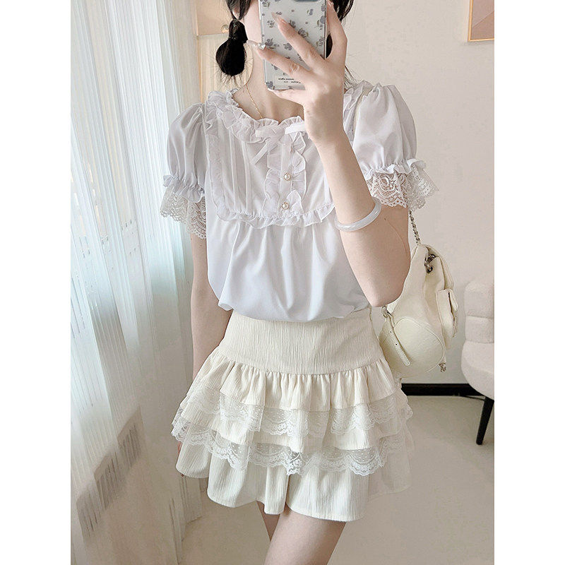 女士复古纯色套头可爱蝴蝶结衬衫 中世纪文艺复兴短袖蕾丝衬衫